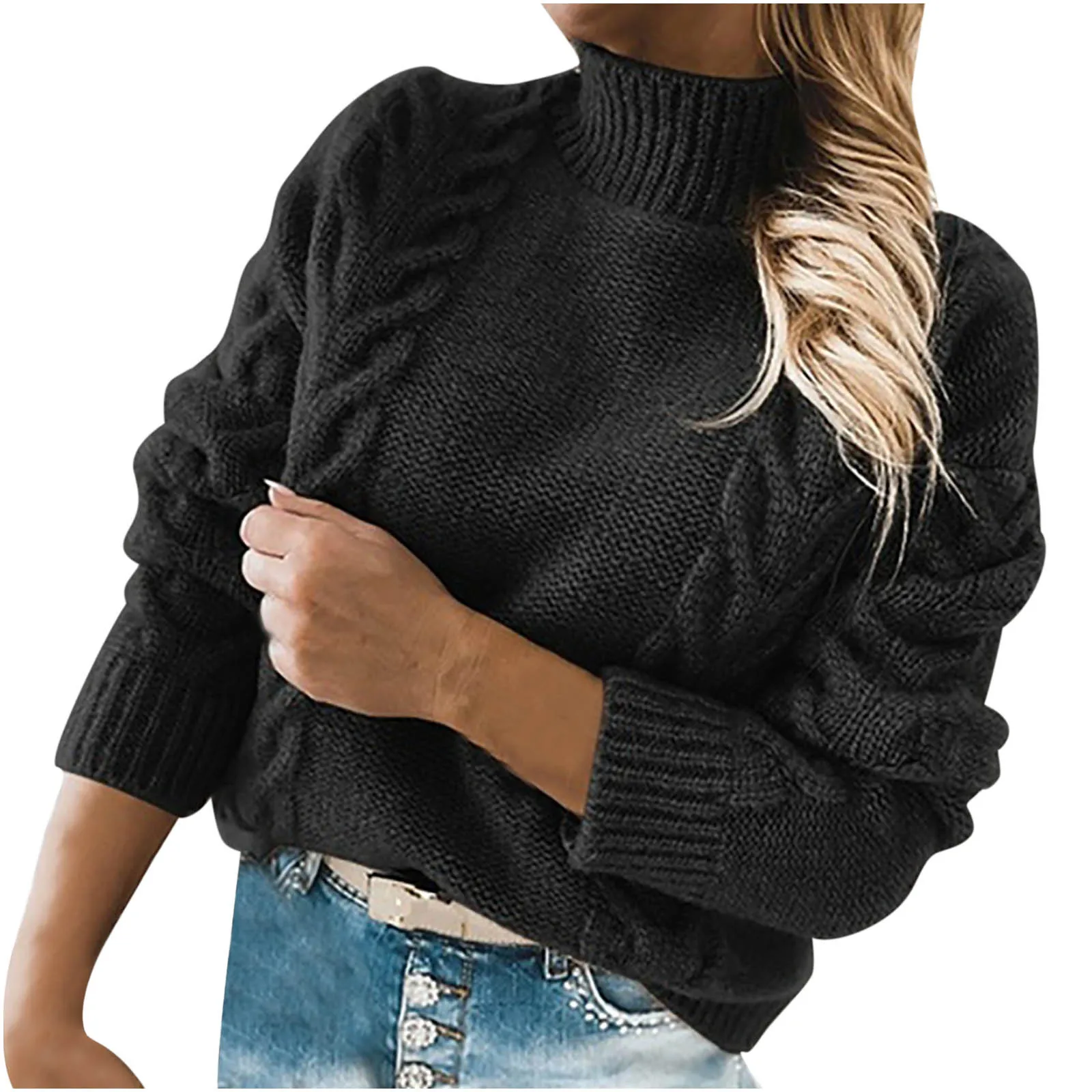 

Осенне-зимние женские свитера, пуловер с высоким воротником, повседневный элегантный однотонный вязаный свитер-блузка с длинным рукавом и ...