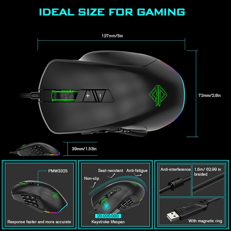 

AJAZZ GTI Gaming Mouse Optical Engine 800-5000DPI 3/9 Buttons USB 1000Hz Wired Mouse With engineering module