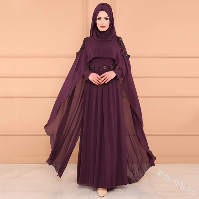 Размера плюс 3xl ОАЭ абайя мусульманский кафтан женские вечерние Дубай турецкая исламская одежда накидка с принтом платье с кружевом шифоновое платье - Цвет: Фиолетовый