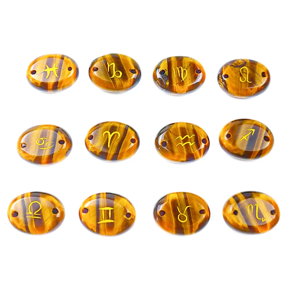 

12pcs Twelve Constellations Symbol Stone Pendant Oval Double Hole Tiger Eye/Rose Quartzs/Green Aventurine Pendants 12x16mm