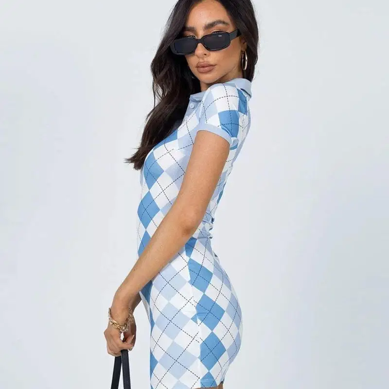

Plaid Short Sleeve Summer Dresses Women Argyle Bodycon E Mini Y2K Down Vintage Turn Collar Girl Button Dress Dress Clothes R3F8