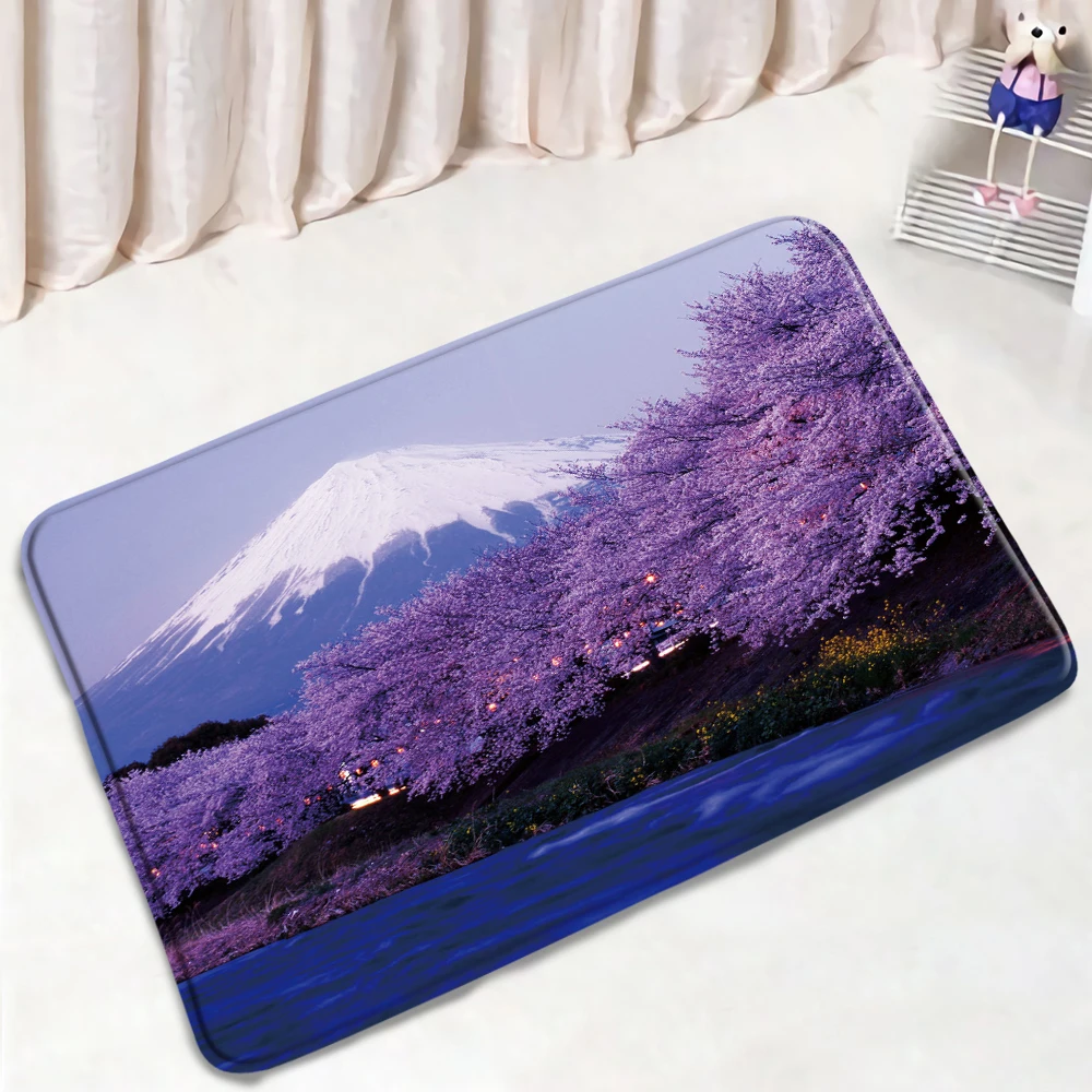 

Mount Fuji Cherry Blossom Bath Mat Japanese Scenery Non-Slip Absorbent Bedroom Rug Kitchen Mats Living Room Footpad Home Carpet