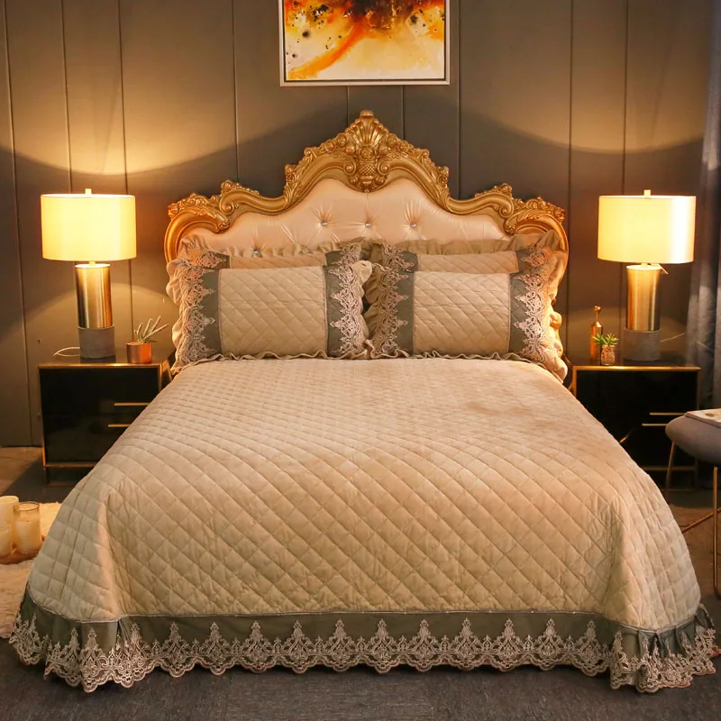 Dark Gray Thicken Flannel Velvet Fleece Quilted Gold Lace Bedspread Pillowcases Bed Cover Sheet Mattress cover Bedding Set | Дом и сад