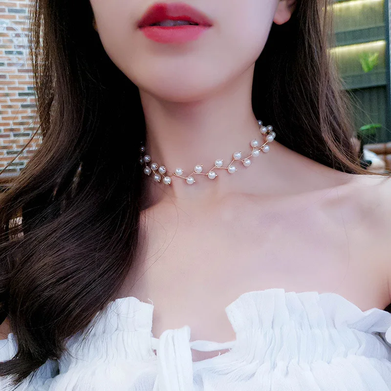 

2023 Trendy Elegance Statement Necklace Charm Simulated Pearl Beads Choker Necklace For Women Kolye Collier Femme