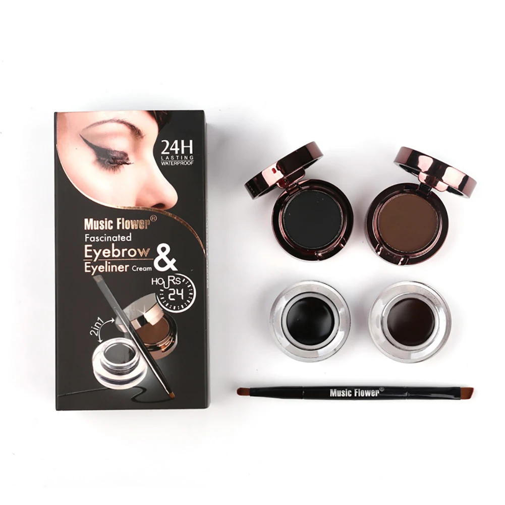 

4in1 Gel Eyeliner And Eyebrow Powder Kit Waterproof Eyes Makeup With Brush Long Lasting Cream Eyeliner Eyebrow Set(Brown+Black)