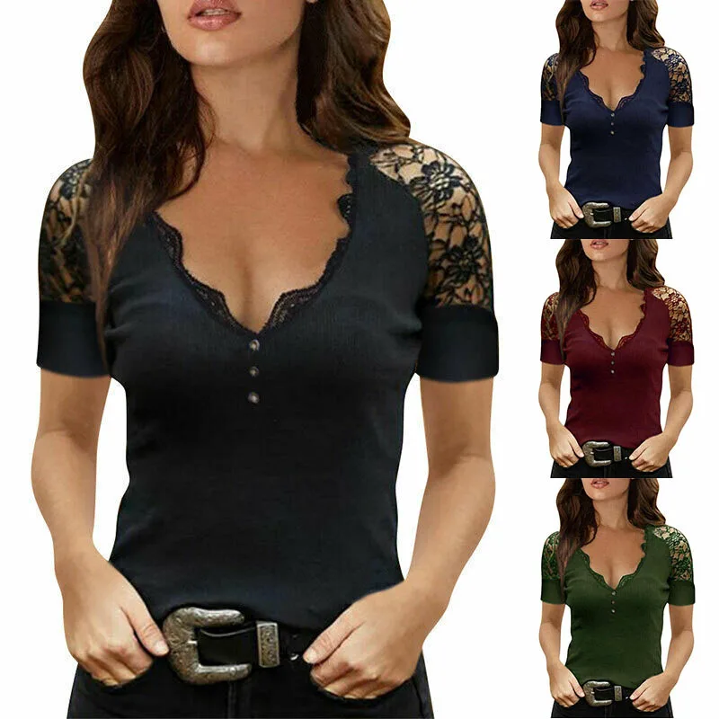 

Women Summer Top V-Neck Lace Sexy Short Sleeve Shirt Slim Fit Blouse