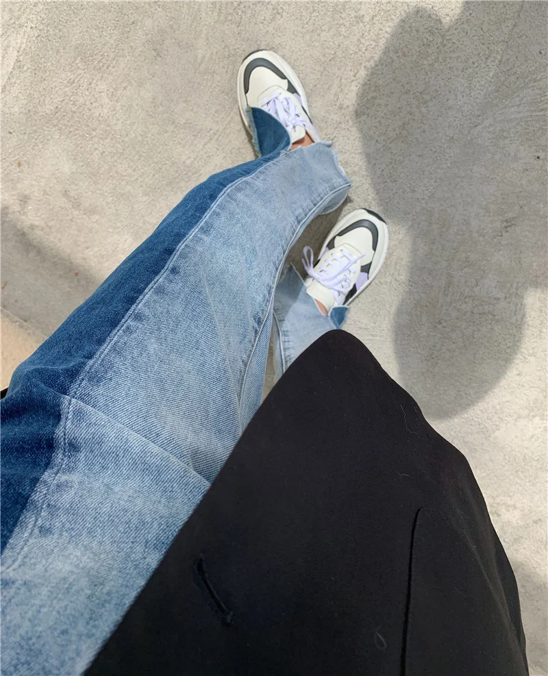 

2021 Spring High Waist Women Loose Jeans Pants Patchwork Long Denim Jeans Female Casual Split Denim Trousers