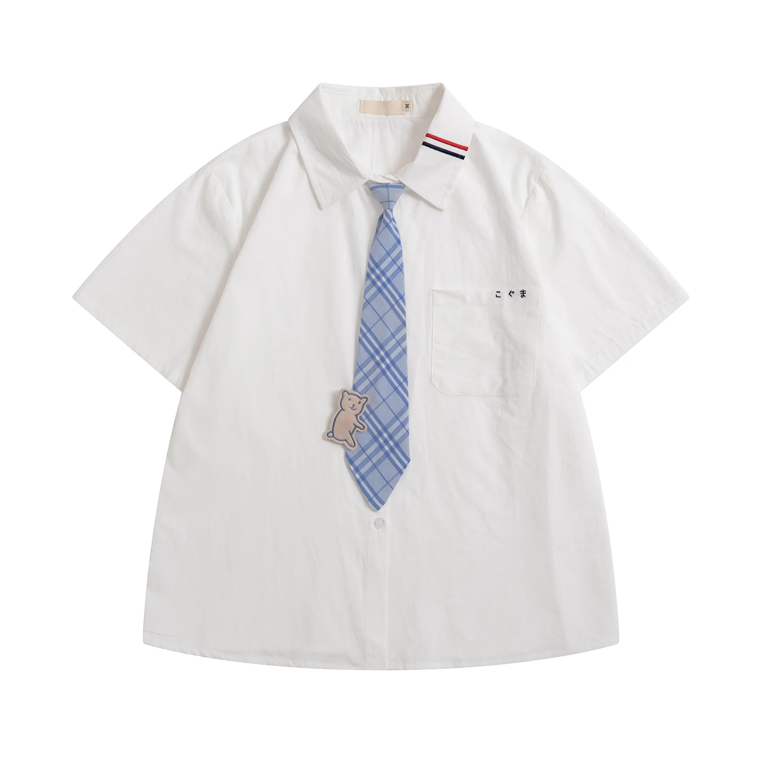 

Preppy Style JK Uniform Shirt Top Women Summer White Cotton Blouse With Tie Cartoon Letters Embroidery For Young Students Girls