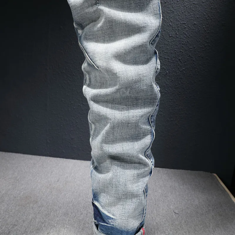 European Vintage Fashion Men Jeans Retro Light Gray Blue Elastic Slim Ripped Jeans Men Embroidery Designer Denim Pencil Pants