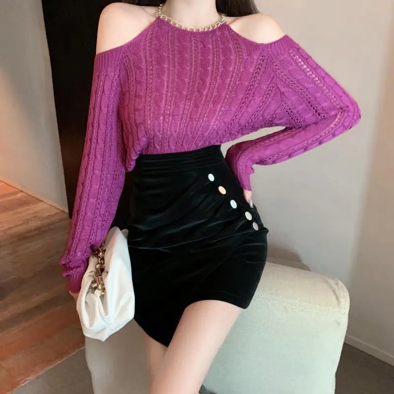 

HziriP Hollow Out Off Shoulder Shirt Elastic Waist Button Skirt 2021 Autumn Women Sexy Two-Piece Suit Korean Fashion Elegant
