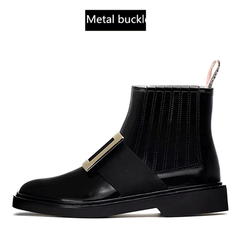 Metal buckle black Г. Новые женские ботинки на плоской подошве, сезон осень-зима ботильоны «Челси» с металлической пряжкой Украшенные стразами туфли на низком каблуке - Цвет: Metal buckle black