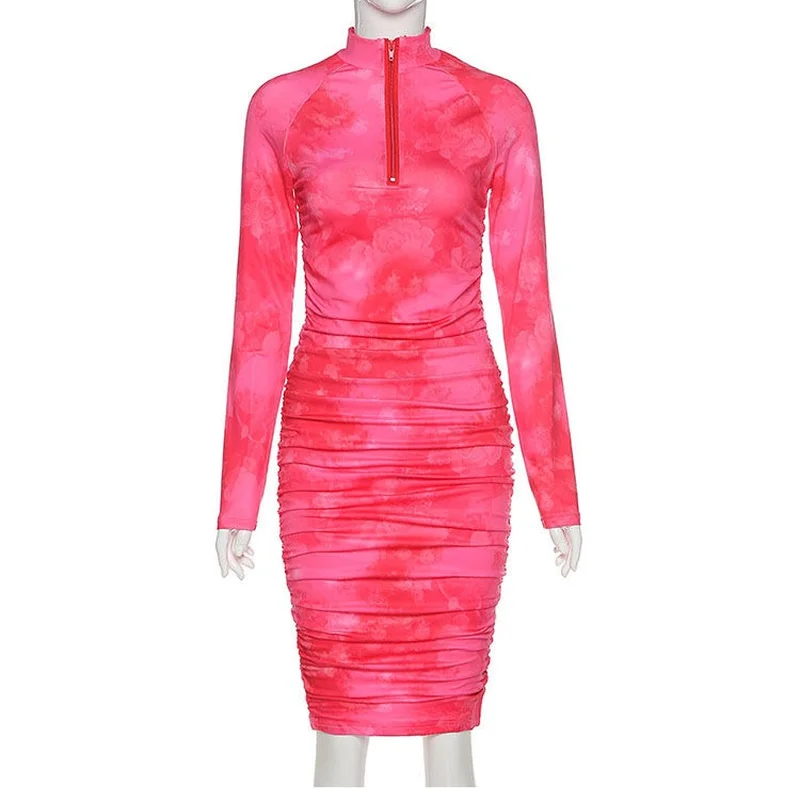 

2021 Spring Autumn New Long Sleeve Tie Dye Ruched Bodycon Sexy Midi Dress Women Streetwear Outfits Party Bright Clothing Y687