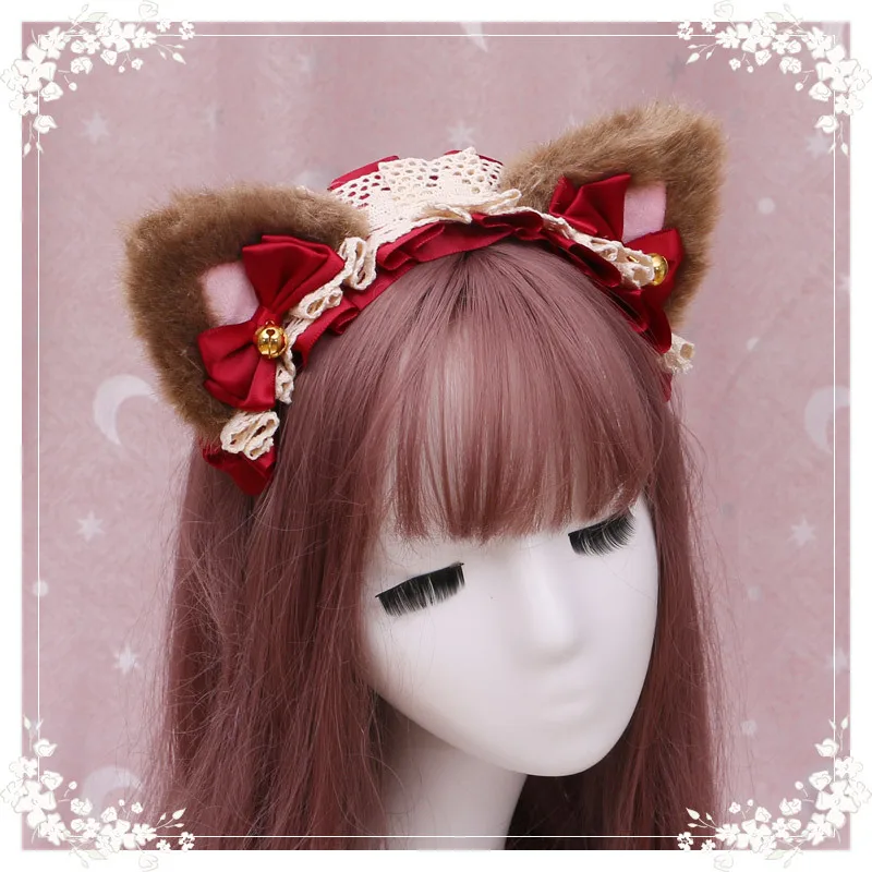 

Women Girl Lolita Cosplay Headband Plush Lace Cat Ears Hairband Anime Party Costume Bow Tie Bell Halloween Accessories