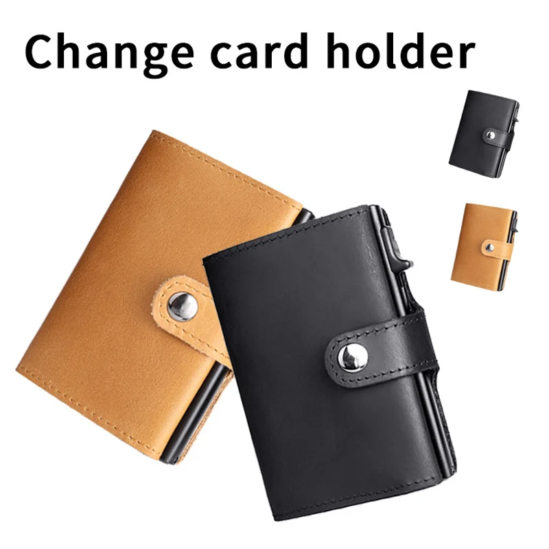 ZOBATO Anti-theft Brush Mini Wallet High-quality Cowhide Automatic Pop-up Card Holder Metal Aluminum Box Credit Card Holder