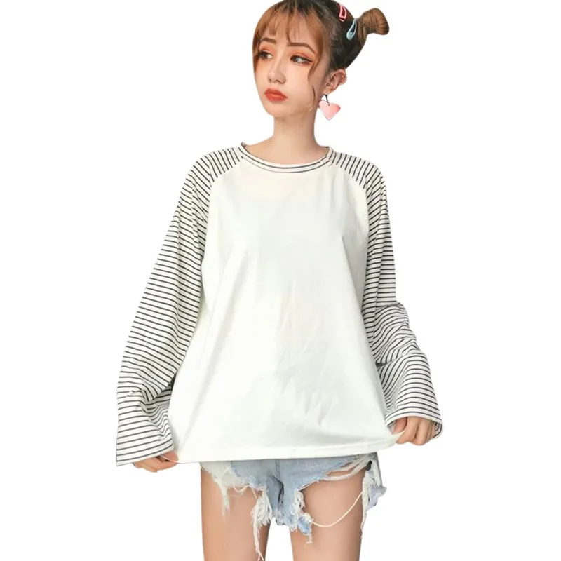 W Harajuku Женская Футболка полосатая Повседневная футболка с длинным рукавом Свободная Женская весенне-осенняя джемпер - Цвет: W