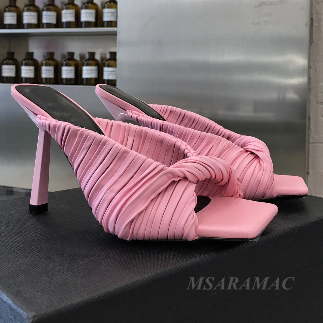 

2021 Summer Leather Folds Twisted Female High-heeled Sandals Square Open-toed Slippers Female Fashion Female Large Size Slippers