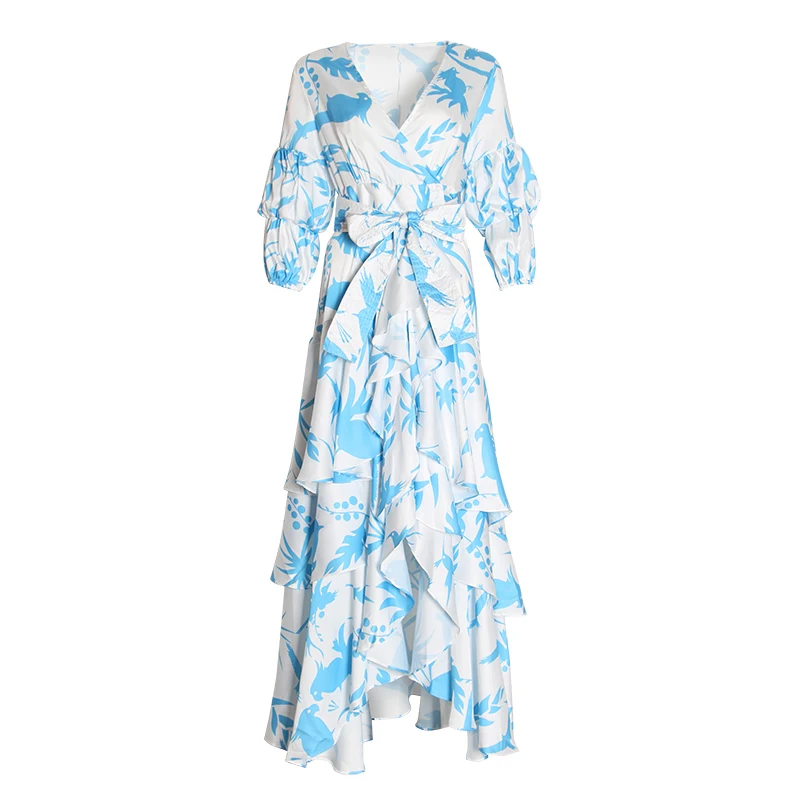 Платье с принтом TWOTWINSTYLE женское платье треугольным вырезом рукавами-фонариками