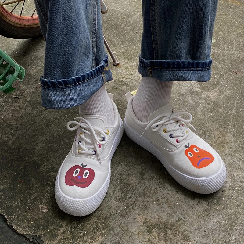 

Cute Print Canvas Shoes Women 2022 Spring Casual Vulcanized Shoes Sneakers Girls White Lace Up Woman Flats Shoes Tennis Female