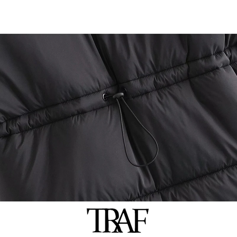 

TRAF Women Fashion Back Elastic Drawstring Padded Waistcoat Vintage High Collar Zip-up Hooded Parkas Female Outerwear