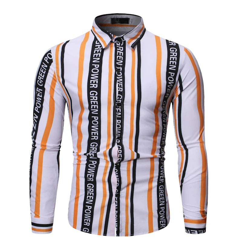 

2019 Autumn New Fashion Versatile Casual Vertical Stripe Letter Lapel Personality Man Long Sleeve Flower Shirt