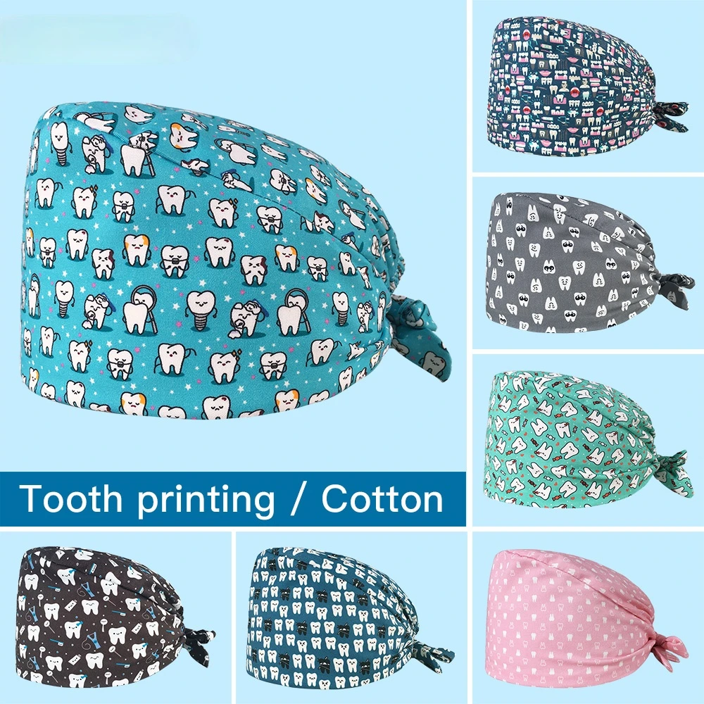 

Unisex scrubs caps Adjustable cotton tooth printing hats High Quality adjustable sweat-absorbent Elastic multicolor scrubs hats
