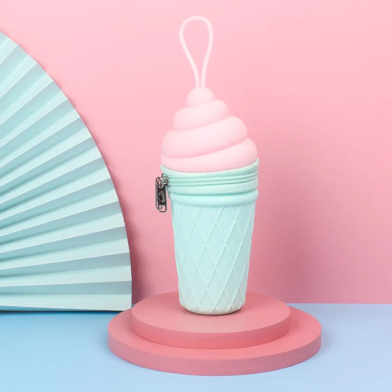 

Creative Ice Cream Pen Holder Cute Pencil Case Kawaii Silicone Milk Tea Cup Shape Pen Case School Office Kids Student Pen Bag