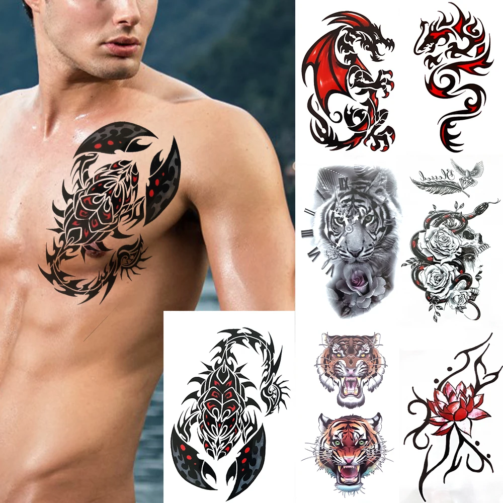 

Scorpion King Fake Temporary Tattoos For Men Women 3D Fire Dragon Totem Tiger Tattoo Sticker Chest Hand Lotus Rose Flower Tatoos