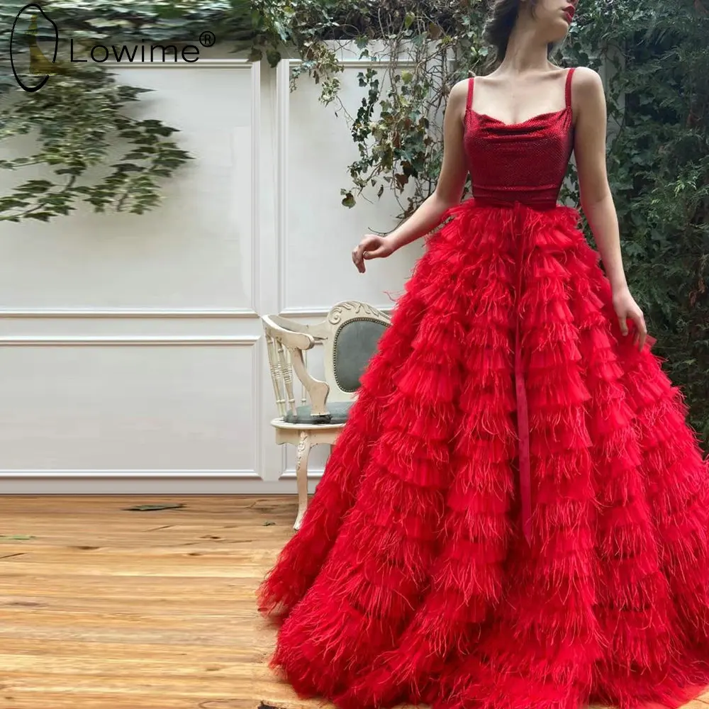 Великолепные красные вечерние платья с перьями А силуэта Vestido De Festa Robe Soiree для