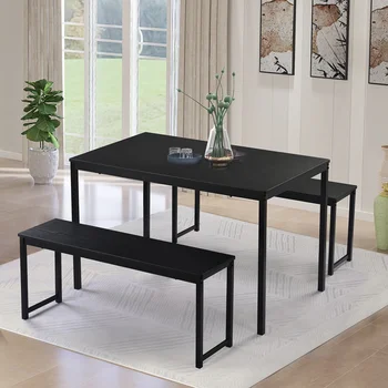 3 Piece Dining Table Set For Living Room Kitchen Table With Two Benches Restaurant Set Contemporary Home Furniture