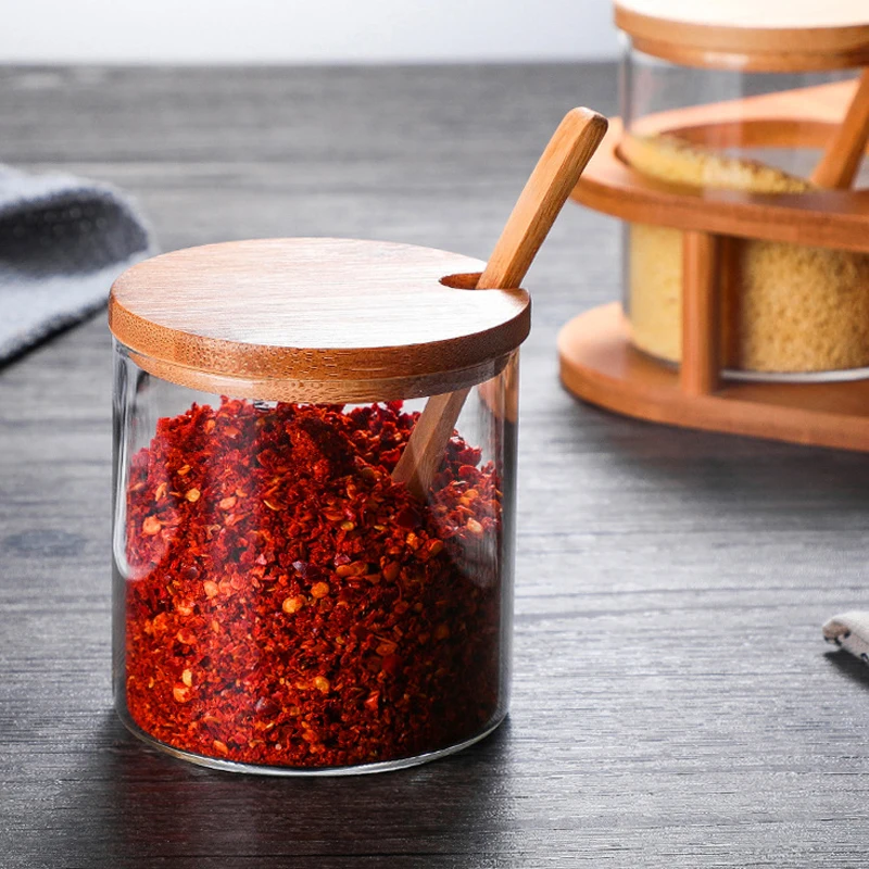 Новый Кухня Стекло бутылки с пряностями бамбуковыми деревянной ложкой крышкой