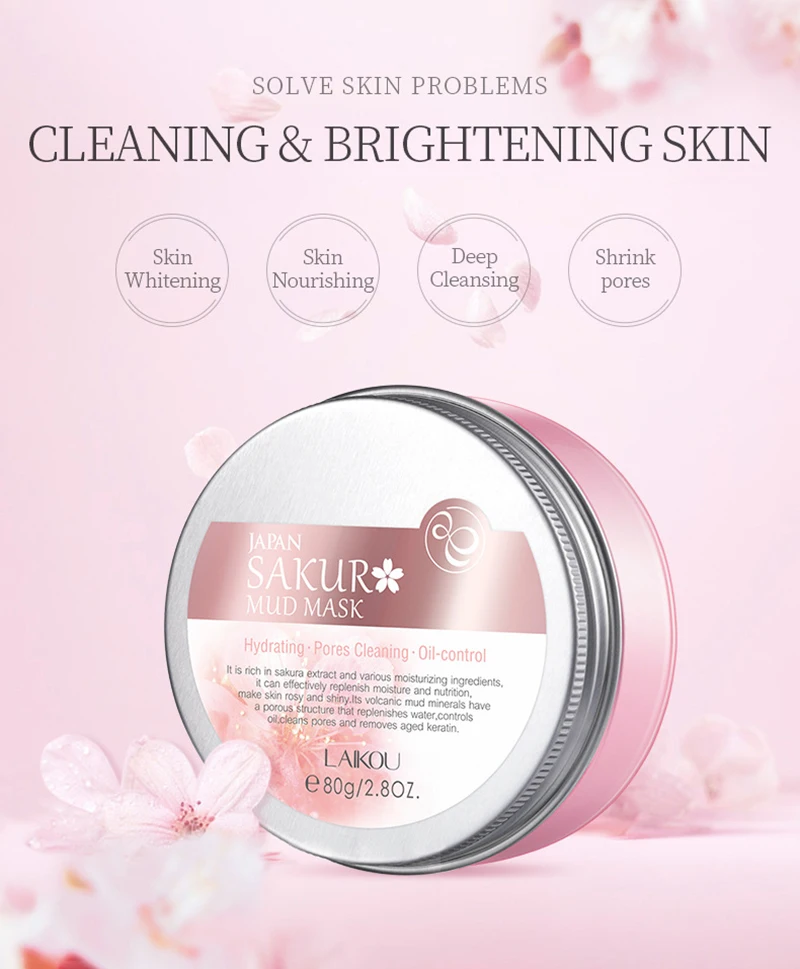 

LAIKOU 80g Sakura Mud Mask Deep Cleansing Moisturizing Whitening Remove Blackhead Pores Oil Control Facial Mask Face Care TSLM2
