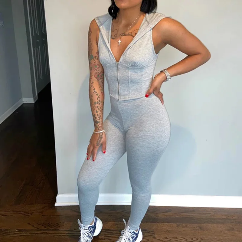 

2 Piece Set Women Slim Corset Hooded Vest and Pencil Pants Set Female Summer Sport Workout Streetwear Sleeveless Outfits