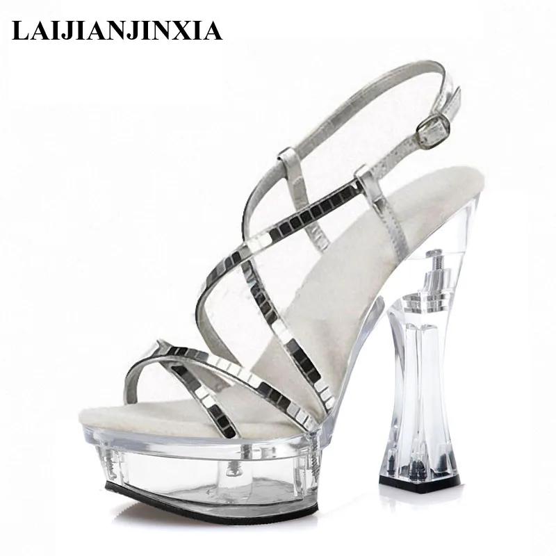 

Black Women/Girl's Clear Heels Nightclub Pole Dancing Shoes 14cm Square High Heeled Shoes Mature Sandals Cross Dressing Sandal