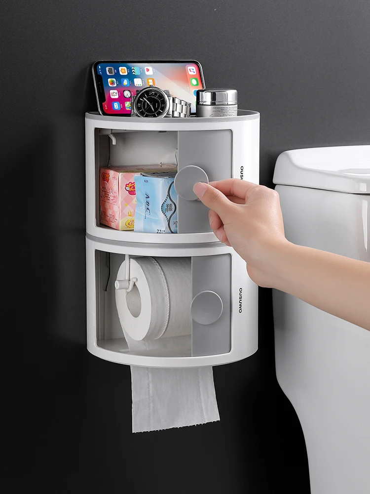 

Nordic Wall Mounted Punch-free Adhesive Toilet Paper Box Home Bathroom Tissue Box Plastic Dressing Table Multi-Layer Storage Box