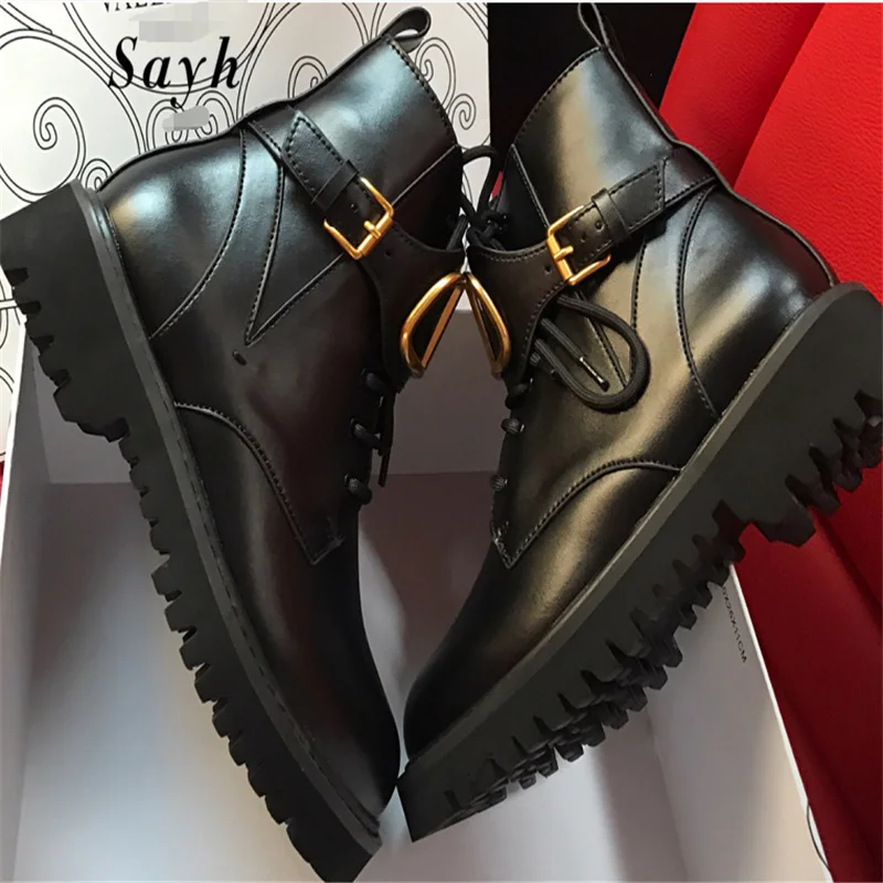 

Fashion Brand Women Metal Buckle Shoes Leather Round Toe Lace Up Platform Ankle Boots Wedge Heels Platform Punk Casual Shoes