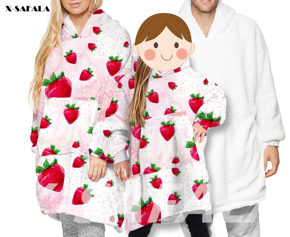 

Толстовка с капюшоном для мужчин и женщин, пригодный для носки, флисовый пуловер с капюшоном, большие карманы спереди, с принтом клубники