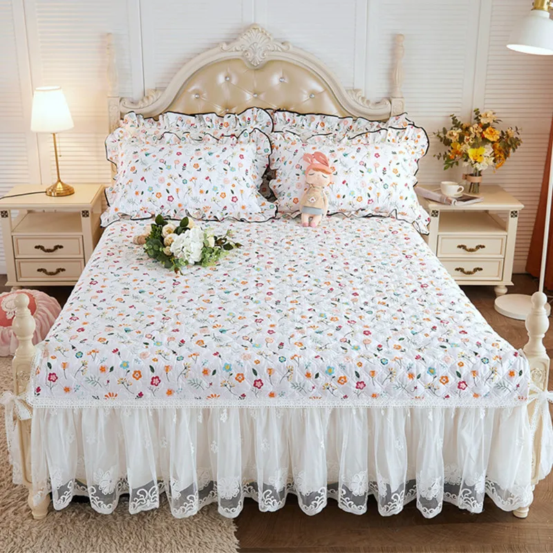 

Good Quality 100% Cotton Quilted Bed Skirt King Queen Size Cute Floral Printed Romantic Lace Bedspread Not Including Pillowcase