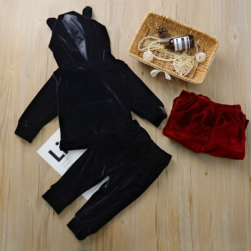 Kids Baby Girls Boys Soft Velvet Clothes Sets Spring Autumn Casual Solid 2Pcs Long Sleeve Hooded Tops + Pants Outfits Red Black | Детская