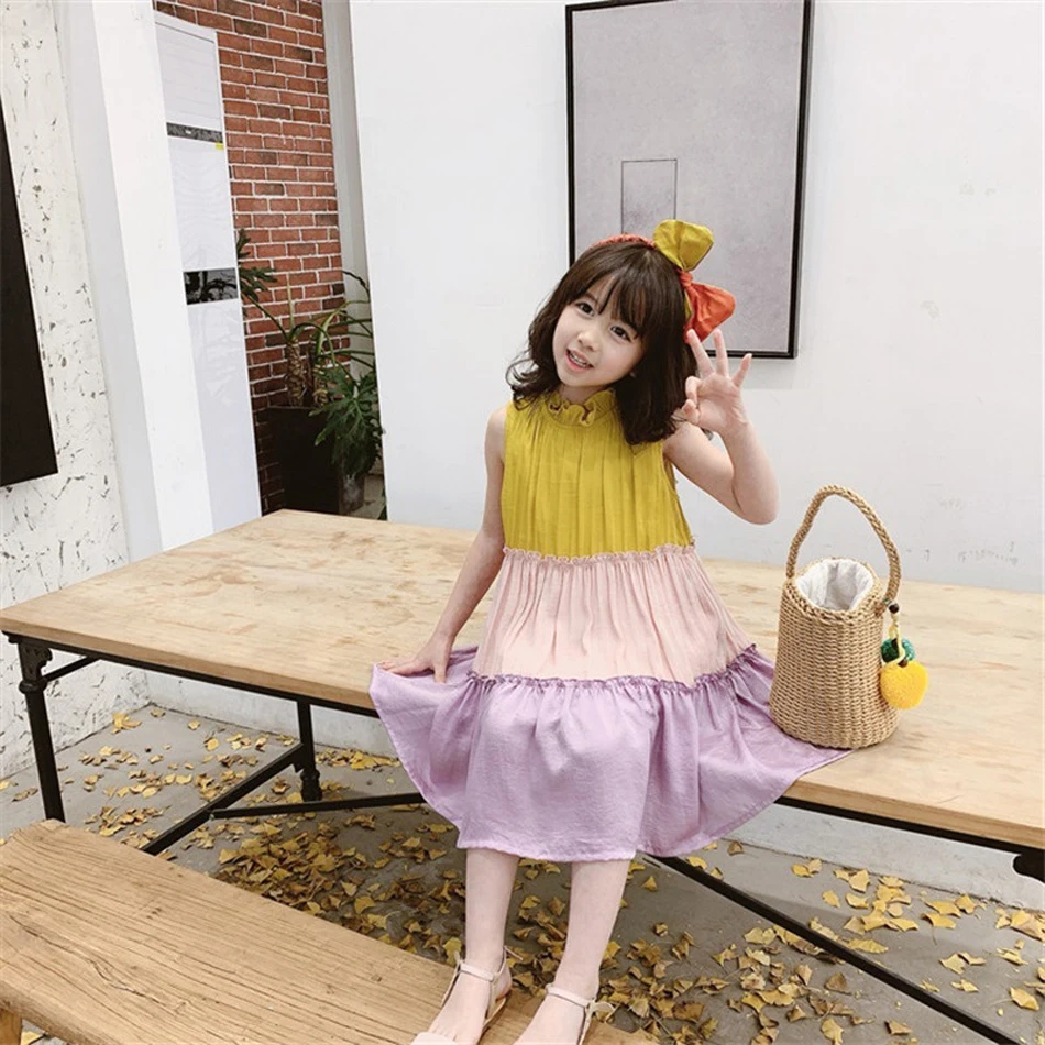 

Baby Girl Rainbow Dress for Summer Beach Sleeveless 3 Color Patchwork Kids Clothing