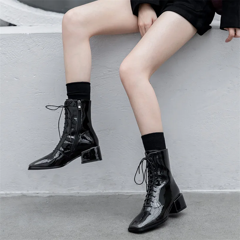 

Meotina Women Short Boots Shoes High Heel Ankle Boots Lady Square Toe Chunky Heels Zip Lace Up Boots Autumn Winter Black Size 40
