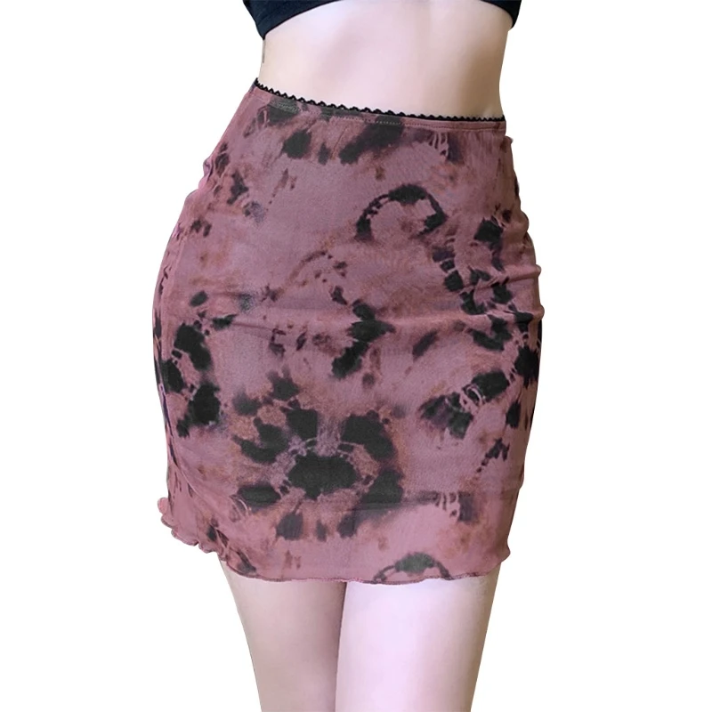 

Women Goth Punk High Waist Gradient Floral Print Slim Mini Skirt Double Layer Mesh Patchwork Ruffles A-Line Streetwear