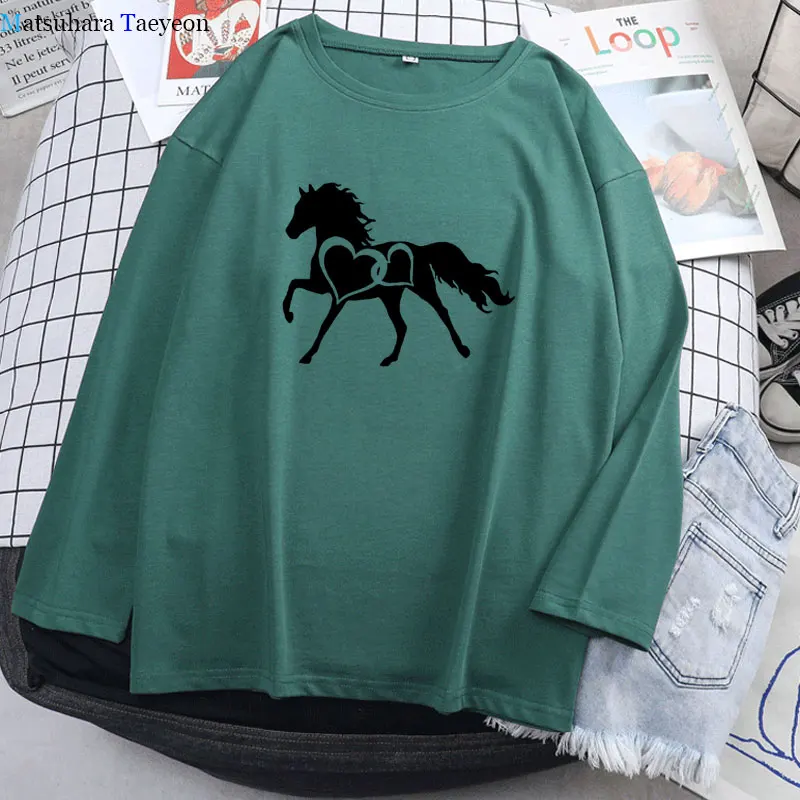 

Fashion Autumn New Long Sleeve Shirt Horse Heart Print Tshirt Women 2020 Casual Harajuku Korean Loose Tee Shirt Femme