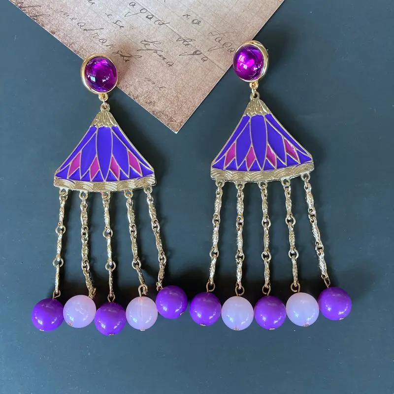 

Enamel Fan Fringe Beads Tassel Drop Earrings for Women 925 Silver Needle