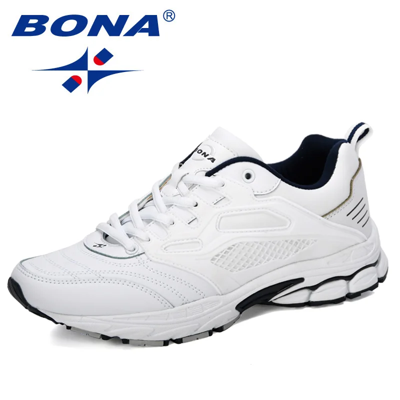 White deep blue BONA/Новинка года; дизайнерская популярная спортивная уличная спортивная обувь; прогулочная обувь; мужские кожаные кроссовки для бега; Sapatos; кроссовки для бега - Цвет: White deep blue