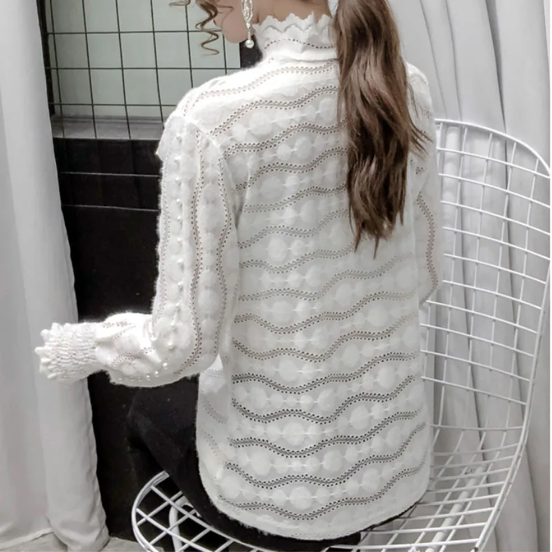 

Women's Ruffle Beading Blouses 2021 Spring Long Sleeve Half Turtleneck Chiffon Shirts Female Puff Sleeve White Lace Mujer Blusas