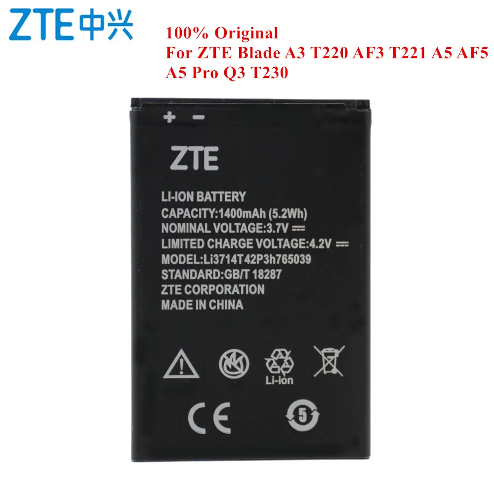 Оригинальный аккумулятор Li3714T42P3h765039 для ZTE Blade A3 T220 AF3 T221 A5 AF5 Pro Q3 T230 1400 мАч реальная