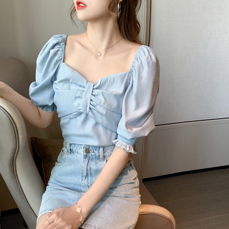 COIGARSAM короткая блузка женская новая летняя шифоновая Пышный рукав бант блузки
