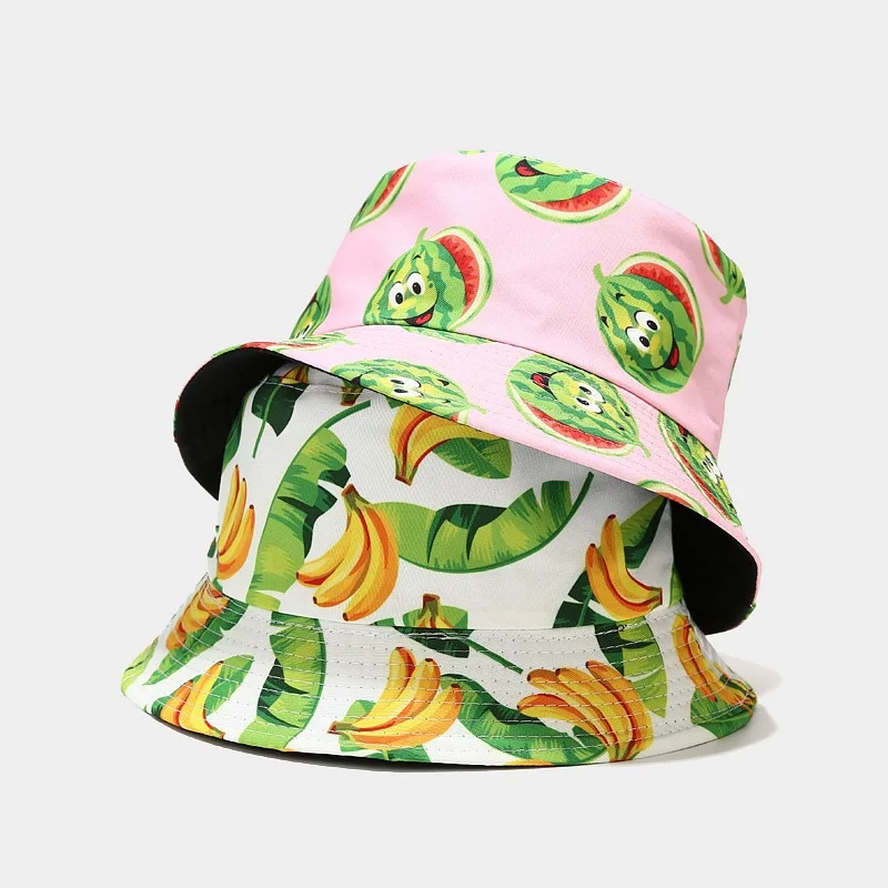 

2021 Women Men Cartoon Cute Summer Fisherman Hat fruit Print Street Hip Hop Bucket Cap Panama Double Side Fishing Bob Bucket Hat
