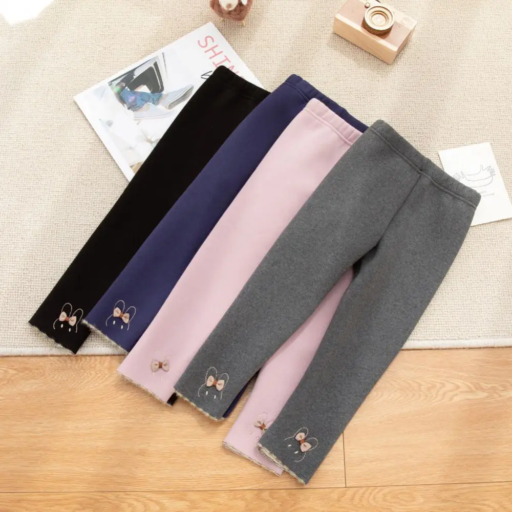 

Зимние Утепленные леггинсы с флисовой подкладкой для девочек, нижние штаны, детские базовые штаны с мультяшным Кроликом, теплые облегающие ...