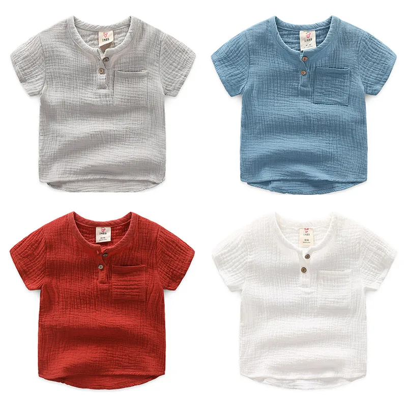 

2021 Cotton Linen Baby Boy T Shirts New Summer Toddler Comfortable Girls Tops Children Clothing Kids Button Tees 90-140CM Height